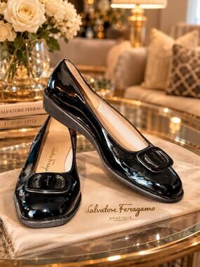 Salvatore Ferragamo Black Patent Leather Logo Heels 6.5B Business Office Casual